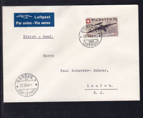 Schweiz Flugpost Zürich - Genf - Laufen 1944