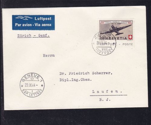 Schweiz Flugpost Zürich - Genf - Laufen 1944