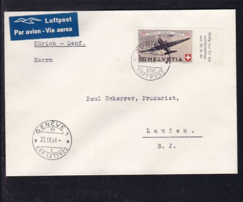 Schweiz Flugpost Zürich - Genf - Laufen 1944