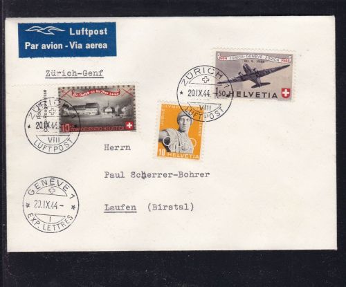 Schweiz Flugpost Zürich - Genf - Laufen 1944