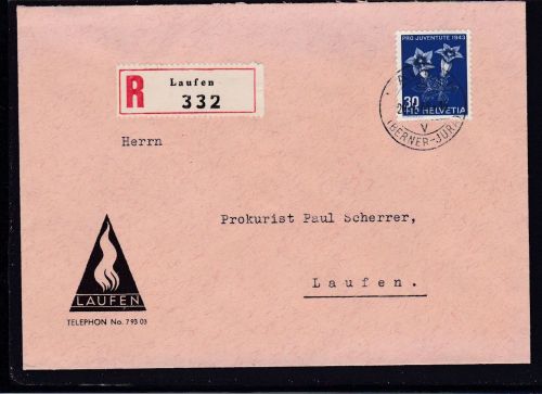 Schweiz 427 auf R-Ortsbrief Laufen 1944