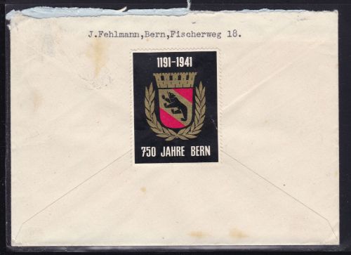 Schweiz 448 im 4er-Block auf R-Brief aus Bern - Laufen 1945