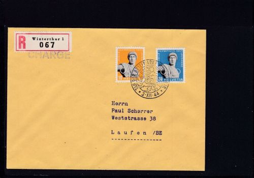 Schweiz 428+430 auf CHARGE Brief aus Winterthur nach Laufen 1944