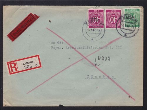 Gemeinschaftsausgaben 929+936 auf Eilboten R-Brief Kehlheim - München 1947