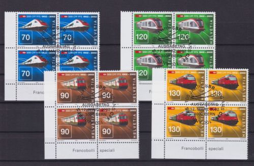 Schweiz 1778/1781 4er-Blocks mit zentrischem Ersttagsstempel Eisenbahn 2002