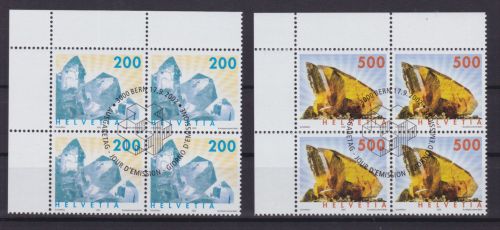 Schweiz 1808/1809 4er-Blocks mit zentrischem Ersttagsstempel Mineralien 2002