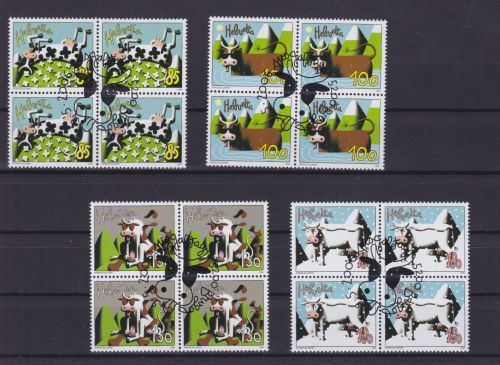 Schweiz 1973/1976 4er-Blocks mit zentrischem Ersttagsstempel Kühe Kunst 2006