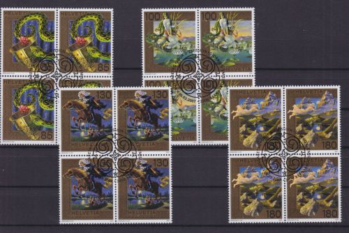 Schweiz 2002/2005 4er-Blocks mit zentrischem Ersttagsstempel Sagen 2007