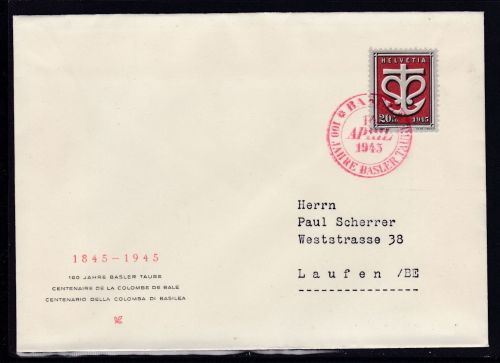 Schweiz SBK 20 auf Brief mit SST 100 Jahre Basler Taube 1945