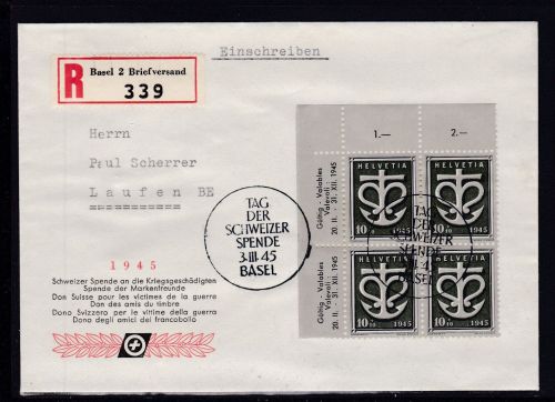 Schweiz SBK 19/20 4er-Block auf 2 R-Briefen Basel nach Laufen 1945 KW 60 CHF ++