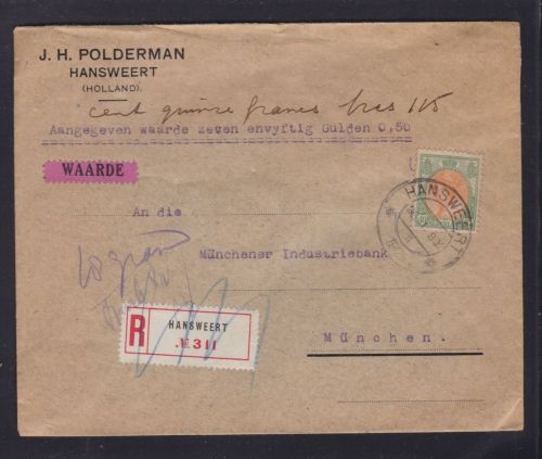 Niederlande Wert-R-Brief aus Hansweert nach München 1925