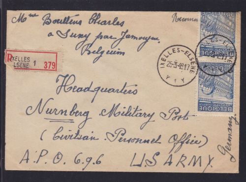 Belgien R-Brief Bruxelles-Elsene nach Nürnbeg Military Port APO 58 BR. 1948