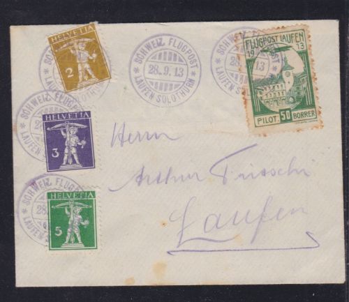 Schweiz Flugpost Vorläufer VII auf Brief Laufen-Solothurn 1913 KW 2400 CHF