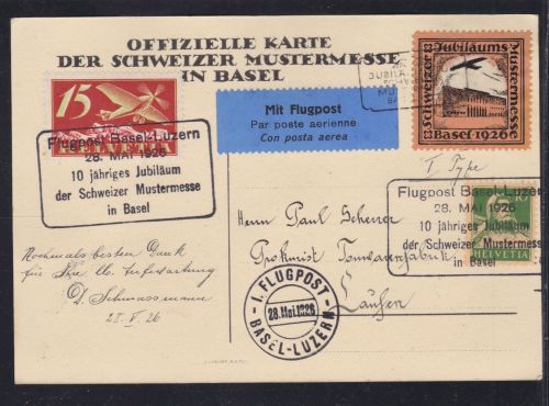 Schweiz 1926 - Flugpost Basel - Luzern - 10 Jahre Mustermesse AK mit Vignette