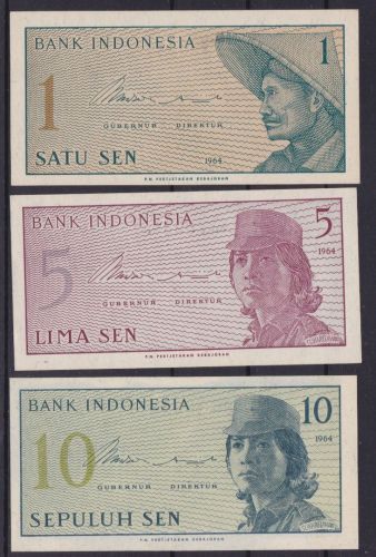 Indonesien 1, 5 und 10 Sen 1964 UNC