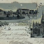 Mondschein-AK Gruss aus Mülhausen im Elsass Bahnhof Kirche 1899