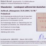 Besetzung Mazedonien 1944 Michel no. 6 Probeabzug des Aufdrucks Befund Brunel