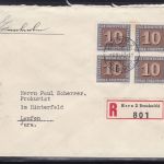 Schweiz 448 im 4er-Block auf R-Brief aus Bern - Laufen 1945