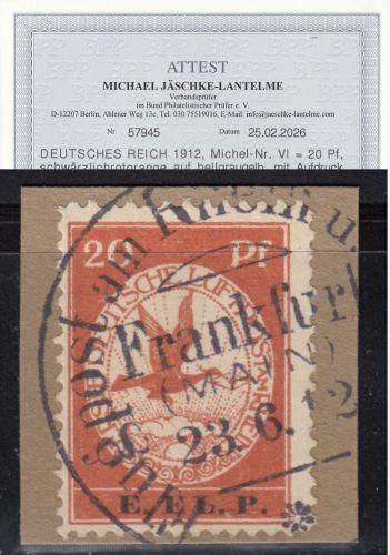 DR 1912, Mich.-Nr.: VI gestempelt  Flugpost   geprüft  Attest   1800,00