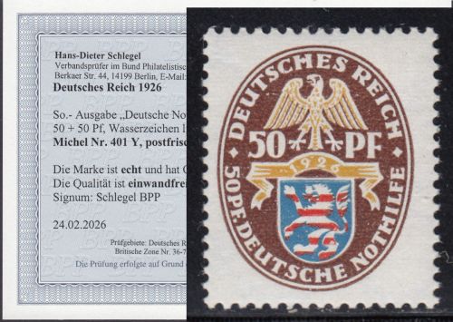 DR 1926, Mich.-Nr.: 401 Y **  geprüft  Befund