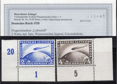DR 1928, Mich.-Nr.: 423+24 Y **  Eckrand  geprüft  Attest