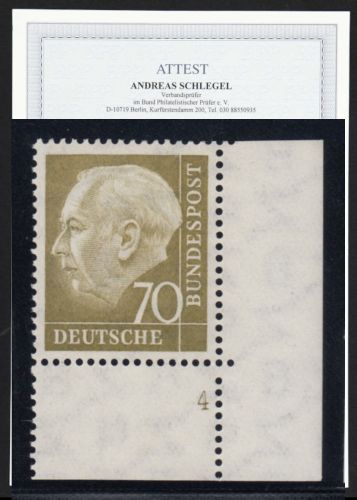 Bund 1954, Mich.-Nr.: 191 ** Eckrand  FN 4   Formnummer 4  ATTEST  Sehr Selten