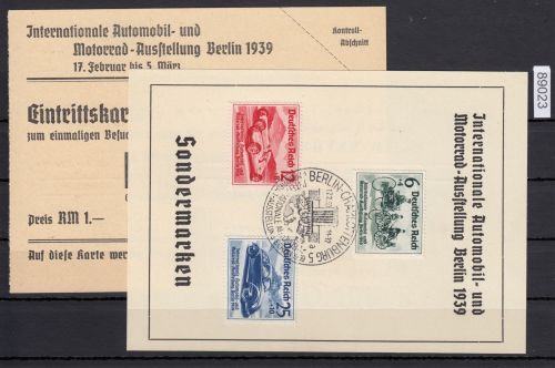 DR 1939, Mich.-Nr.: 686-688 gestempelt  ERSTTAG    Automobilaus.  + Eintritskarte