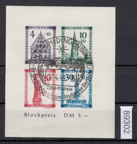 Alliierte Franz. Zone Baden Mi. Nr. 38-41 Block 1 B gestempelt  geprüft    LUXUS