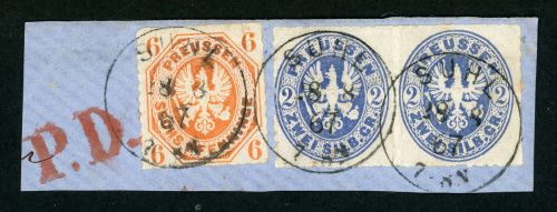 Preussen 15a, 17a (2) Briefstück 6 Pfg. orange mit Paar 2 Sgr. auf Luxusbfst...