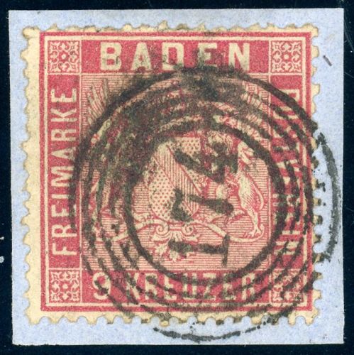Baden 12 Briefstück 9 Kr. karmin a. Bfst. mit idealem NS 174