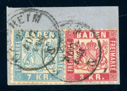 Baden 25b+24 Briefstück 7 Kr. hellblau mit 3 Kr. rot a. Kab-Bfst. mit K2 MAN...