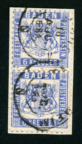 Baden 19a (2) Briefstück 6 Kr. blau im senkr. Par a. Luxusbfst. mit K2 MANNHEIM