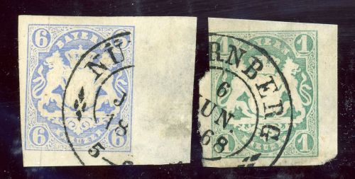 Bayern 16 Rd,14Rd 6 Kr. blau mit rechts 10mm Rand und dazugeh