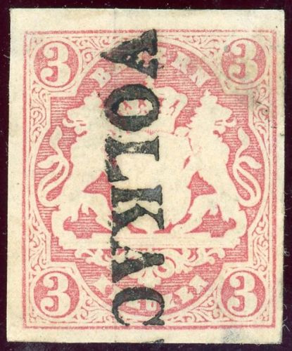 Bayern 15 Gestempelt 3 Kr. rosa, vollrd.  mit selt. L1 VOLKAC(H)