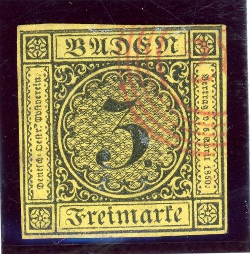 Baden 2b Gestempelt 3 Kr. schw./gelb, voll- bis breitrd. mit rotem NS 28 Durlach