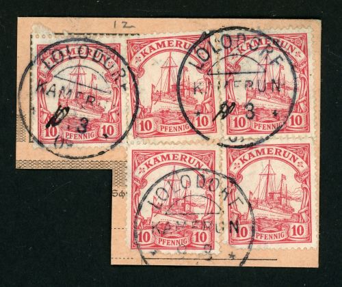 Kamerun 22 (5) Briefstück PA mit 5mal 10 Pfg. (knittrig) mit selt. Entwertun...