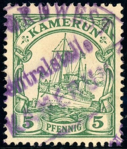 Kamerun 9 Gestempelt 5 Pfg. mit selt. Entwertung durch zentr. viol. Stempel N...