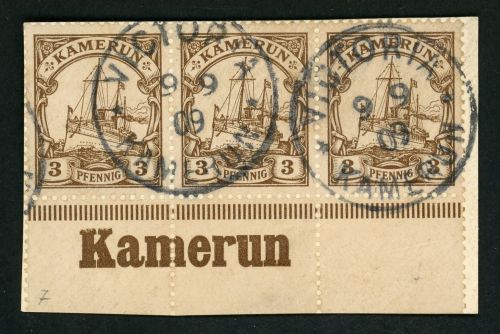 Kamerun 7 (3) Briefstück 3 Pfg. im UR3erStreifen mit Inschrift Kamerun auf L...
