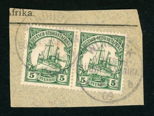 Dsw Stempel 25 (2) Briefstück WINDHUK b, 1909, 2mal a. Bfst. mit Paar 5 Pfg.