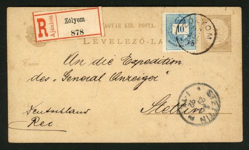 Ungarn 24+P 10 Kr. als Beifr. a. 2 Kr. GSK als R-Karte 1892 aus Zolyom nach S...