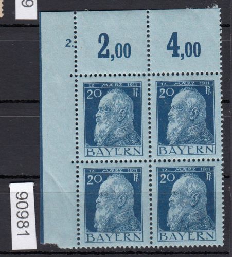 AD Bayern 1911, Mich.-Nr.: 79 ** Eckrand  4er.-Block   Plattennummer