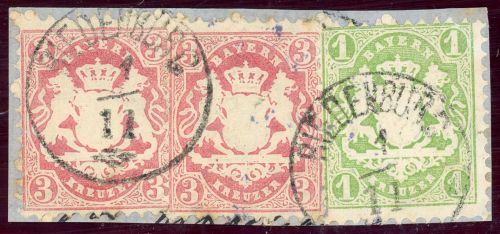 Bayern 22Xa,23Xa (2) Briefstück 2mal 3 Kr. rosa mit 1 Kr. gr