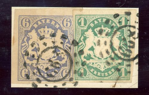 Bayern 16+14 Briefstück 6 Kr. blau mit 1 Kr. gr