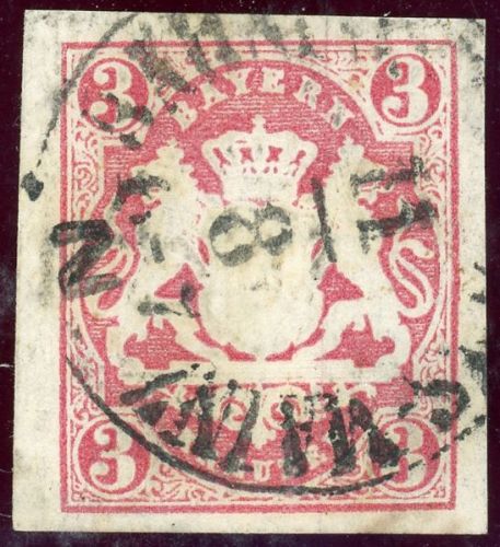 Bayern 15 Gestempelt 3 Kr. mit selt. Entwertung durch K1 BAHNPOST ...-MAINZ