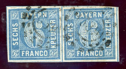 Bayern 10 (2) Gestempelt 6 Kr. blau, waager. breitrd. Kab-Paar mit oMR