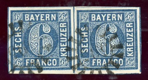 Bayern 10 (2) Gestempelt 6 Kr. blau, waager. breitrd. Kab-Paar mit 2mal gMR