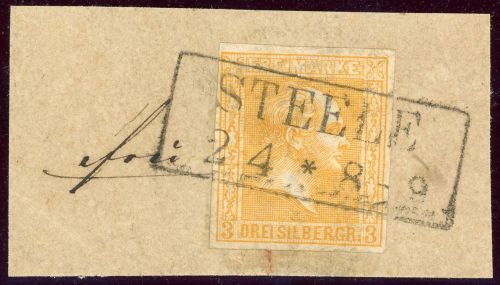 Preussen 12b Briefstück 3 Sgr. gelborange auf Luxus-Bfst. mit Ra2 STEELE