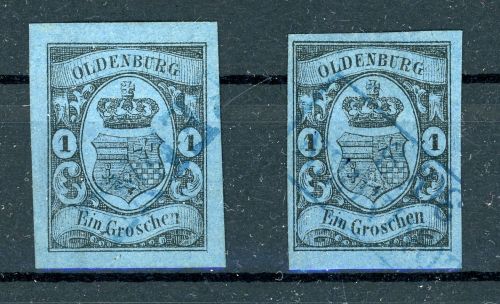 Oldenburg 6a (2) Gestempelt 1 Gr. schw./blau, 2 voll- bis breitrd. Kab-St