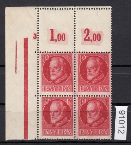 AD Bayern 1916, Mich.-Nr.: 114 ** Eckrrand  4er,-Block  Leerfeld
