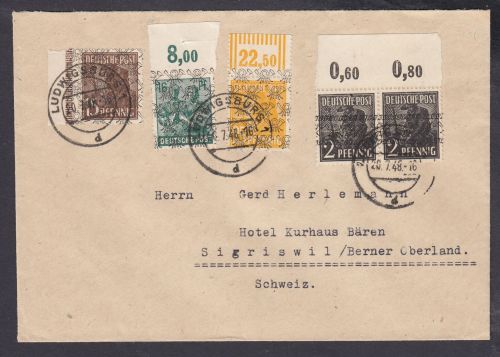 Bizone 1948  Mi. Nr. 36 II, 41 II, 42 II, 45 II  (Band+Netz)  auf Brief